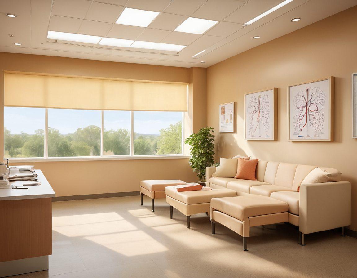 A serene nephrology clinic setting showing a compassionate doctor engaging with a diverse group of patients, highlighting patient-centered care. Include visual elements like kidney diagrams, educational materials, and a calm, inviting atmosphere with natural light streaming in. Use a soft color palette to convey trust and warmth. painterly style. bright and uplifting tones.