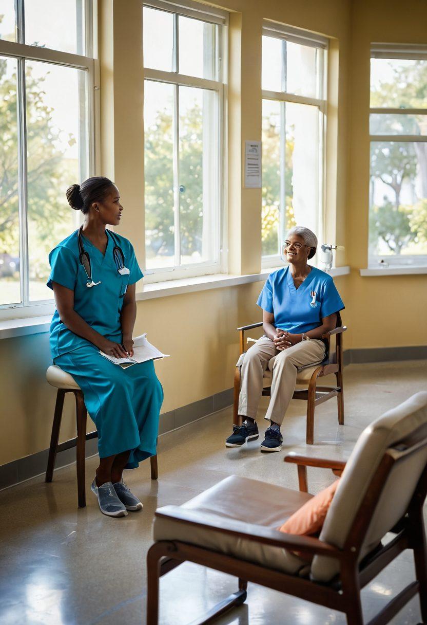 A serene scene depicting a compassionate dialysis nurse assisting a diverse group of patients in a bright, comfortable clinic. Soft sunlight filters through large windows, casting warm shadows on the walls filled with motivational posters about patient rights. Include elements like patient advocacy pamphlets and a digital display showcasing kidney health information. The overall mood is hopeful and supportive, emphasizing dignity and care. super-realistic. vibrant colors. soft focus.
