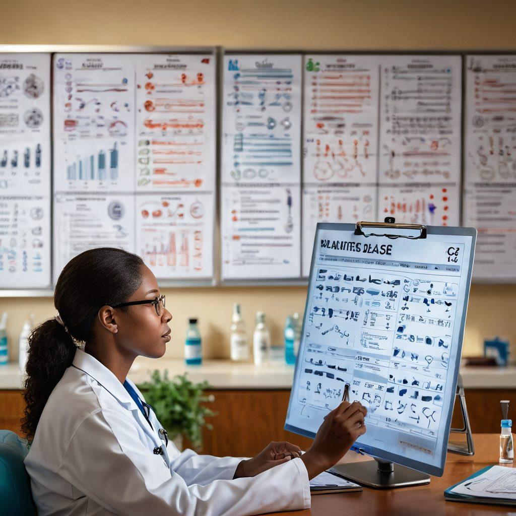 A thoughtful physician analyzing a patient's medical chart in a serene hospital room, surrounded by visual symbols of chronic kidney disease like a kidney diagram and medication bottles. A diverse group of patients in the background representing different ages and ethnicities, engaging in dialogue with healthcare providers. Soft, warm lighting to convey hope and empathy amidst clinical settings. super-realistic. vibrant colors.
